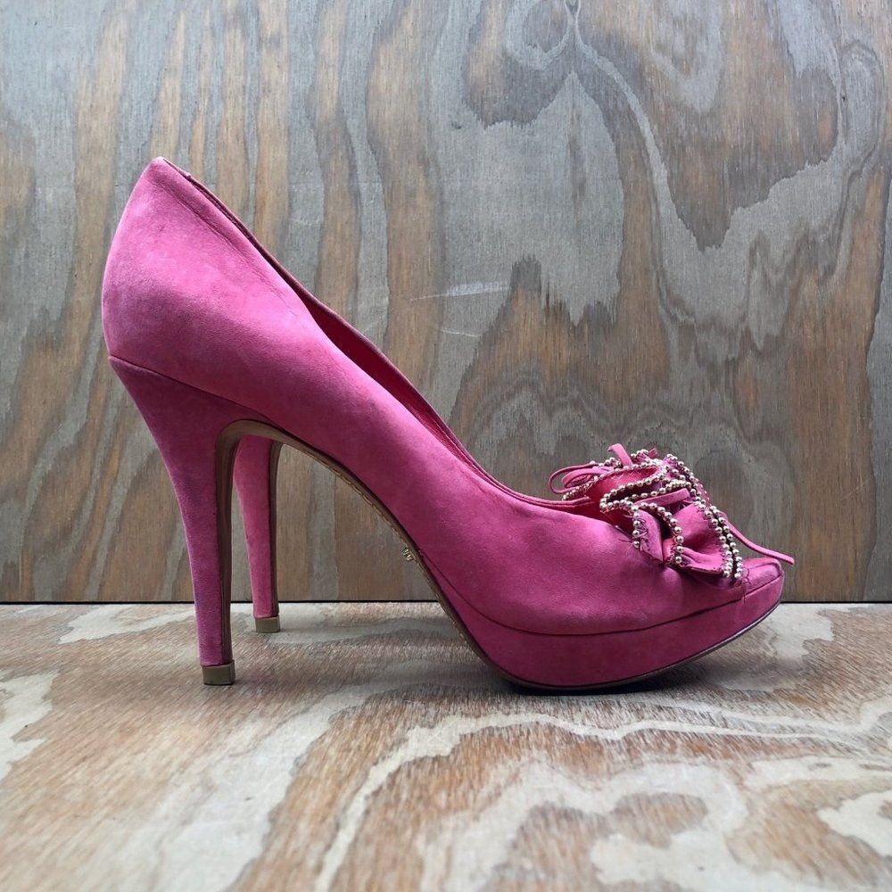 SCHUTZ Womens Size 9 (B) Heels Pink Suede 4” High Pumps Bow Stiletto Open Toe